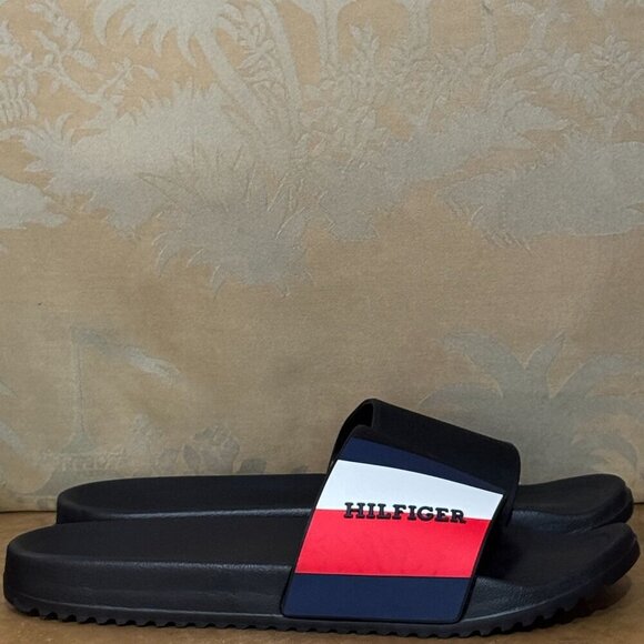 Tommy Hilfiger Signature Ring Slide Sandals 10 Black Red Blue White Striped Logo - Picture 2 of 7